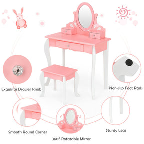 Kids Princess Makeup Dressing Vanity Table Chair Set with 360° Rotatable Mirror and Drawer_Pink