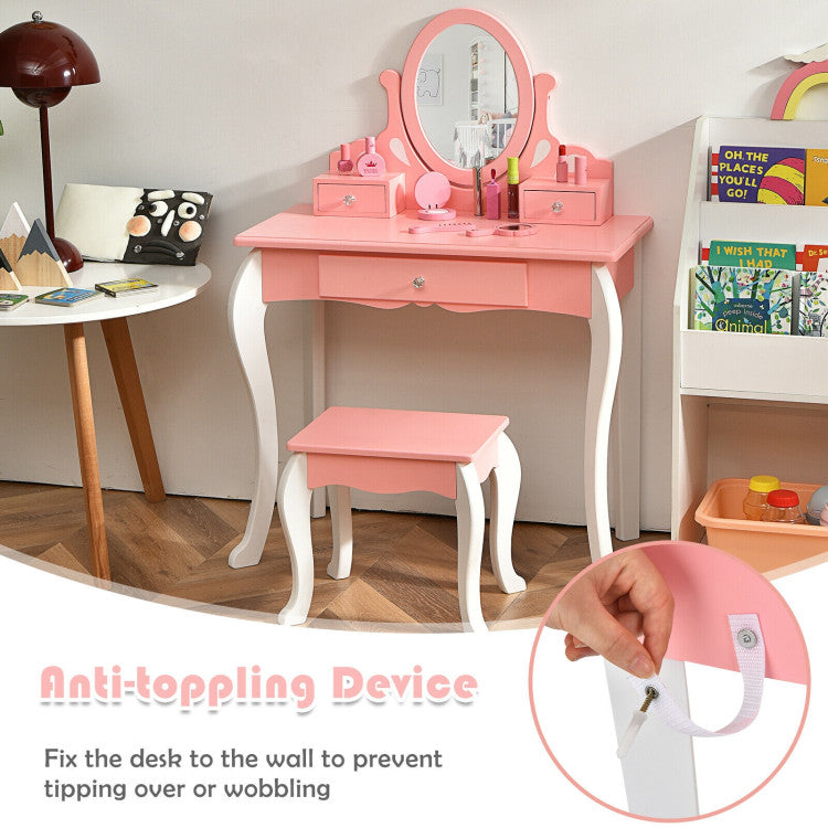 Kids Princess Makeup Dressing Vanity Table Chair Set with 360° Rotatable Mirror and Drawer_Pink