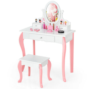 Kids Princess Makeup Dressing Vanity Table Chair Set with 360° Rotatable Mirror and Drawer_White