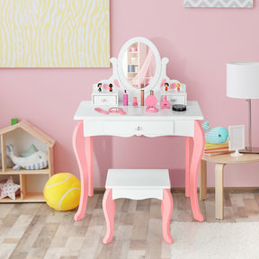 Kids Princess Makeup Dressing Vanity Table Chair Set with 360° Rotatable Mirror and Drawer_White