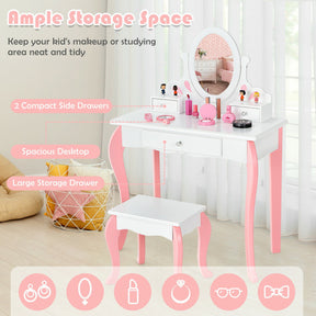 Kids Princess Makeup Dressing Vanity Table Chair Set with 360° Rotatable Mirror and Drawer_White