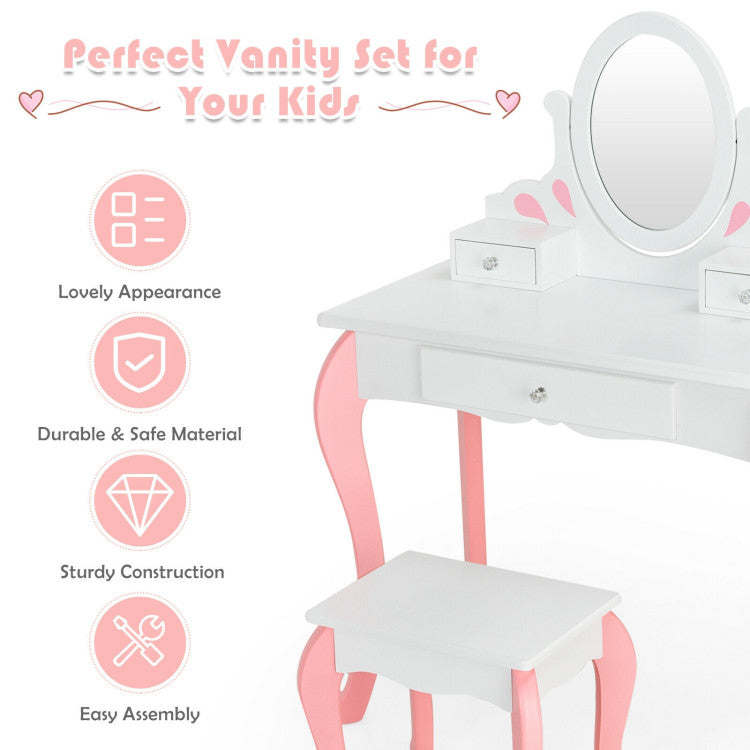 Kids Princess Makeup Dressing Vanity Table Chair Set with 360° Rotatable Mirror and Drawer_White