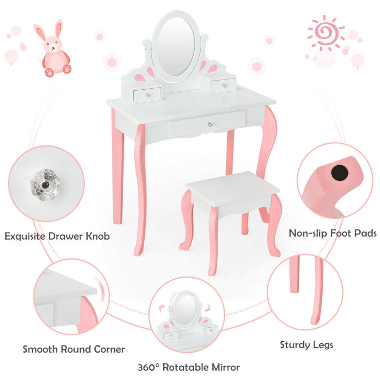 Kids Princess Makeup Dressing Vanity Table Chair Set with 360° Rotatable Mirror and Drawer_White