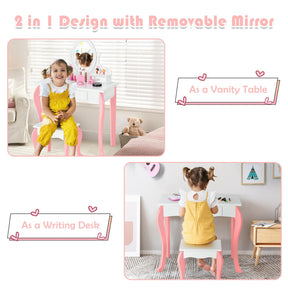 Kids Princess Makeup Dressing Vanity Table Chair Set with 360° Rotatable Mirror and Drawer_White