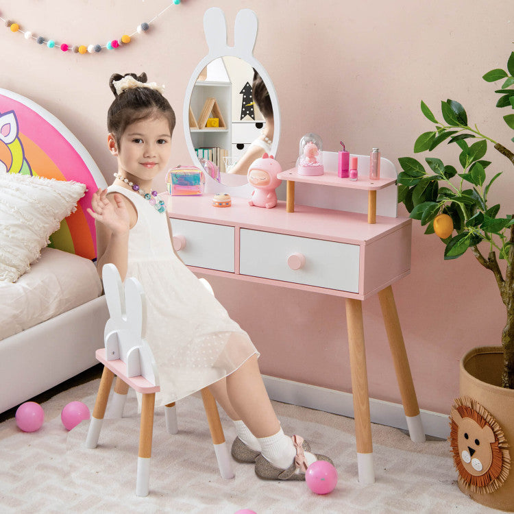 Kids Vanity Makeup Table and Chair Set with Drawer Shelf and Rabbit Mirror for Girls