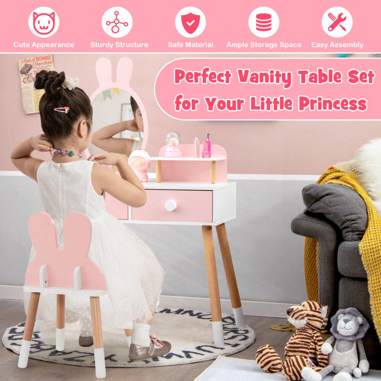 Kids Vanity Makeup Table and Chair Set with Drawer Shelf and Rabbit Mirror for Girls