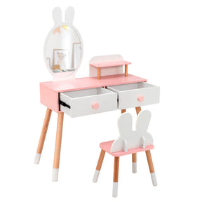 Kids Vanity Makeup Table and Chair Set with Drawer Shelf and Rabbit Mirror for Girls