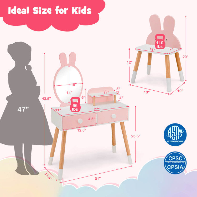 Kids Vanity Makeup Table and Chair Set with Drawer Shelf and Rabbit Mirror for Girls