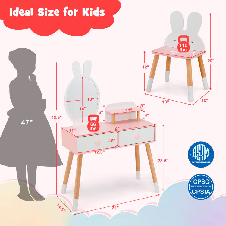 Kids Vanity Makeup Table and Chair Set with Drawer Shelf and Rabbit Mirror for Girls