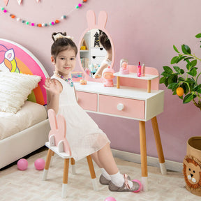 Kids Vanity Makeup Table and Chair Set with Drawer Shelf and Rabbit Mirror for Girls