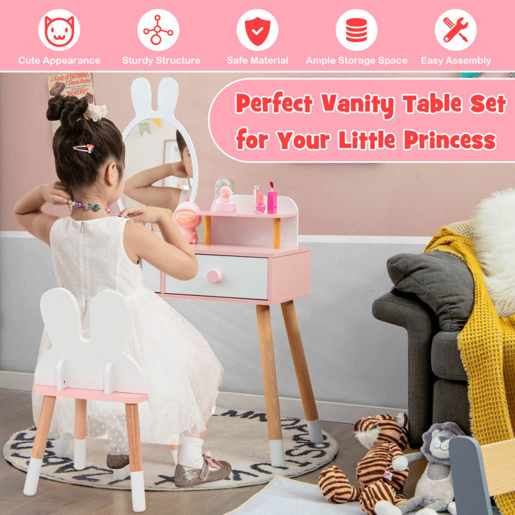 Kids Vanity Makeup Table and Chair Set with Drawer Shelf and Rabbit Mirror for Girls