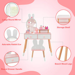 Kids Vanity Makeup Table and Chair Set with Drawer Shelf and Rabbit Mirror for Girls