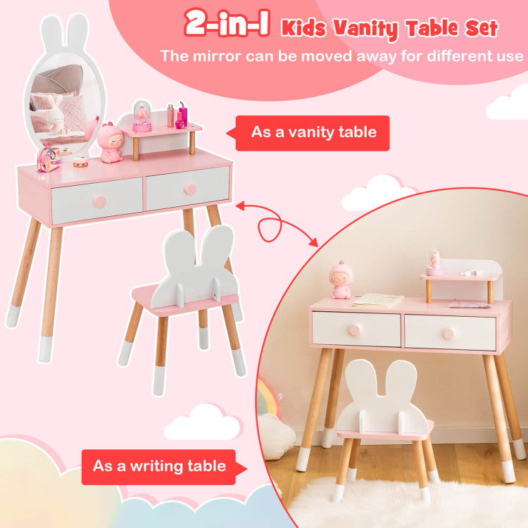 Kids Vanity Makeup Table and Chair Set with Drawer Shelf and Rabbit Mirror for Girls