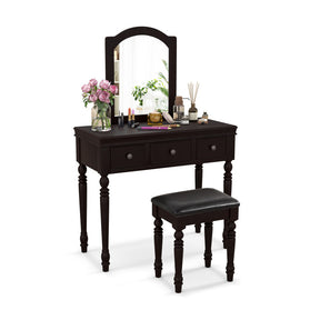 Makeup Vanity Table and Stool Set with Detachable Mirror and 3 Drawers Storage