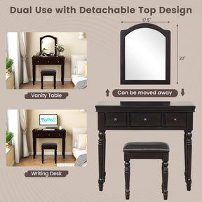 Makeup Vanity Table and Stool Set with Detachable Mirror and 3 Drawers Storage