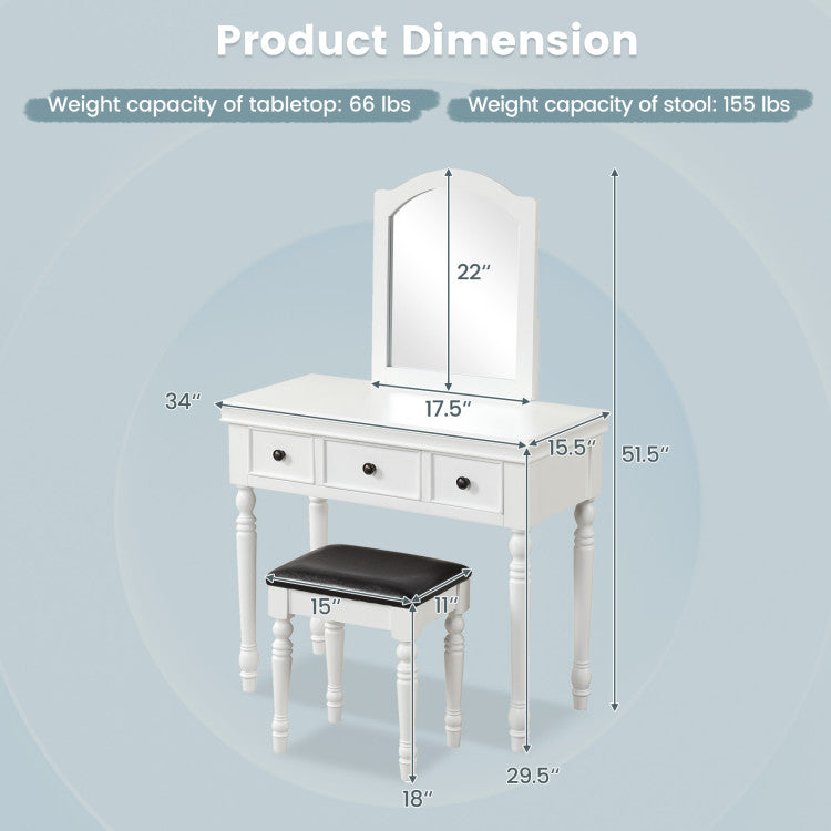 Makeup Vanity Table and Stool Set with Detachable Mirror and 3 Drawers Storage