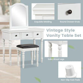 Makeup Vanity Table and Stool Set with Detachable Mirror and 3 Drawers Storage