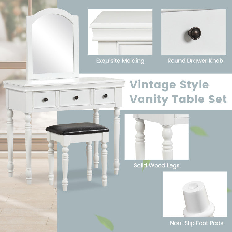 Makeup Vanity Table and Stool Set with Detachable Mirror and 3 Drawers Storage