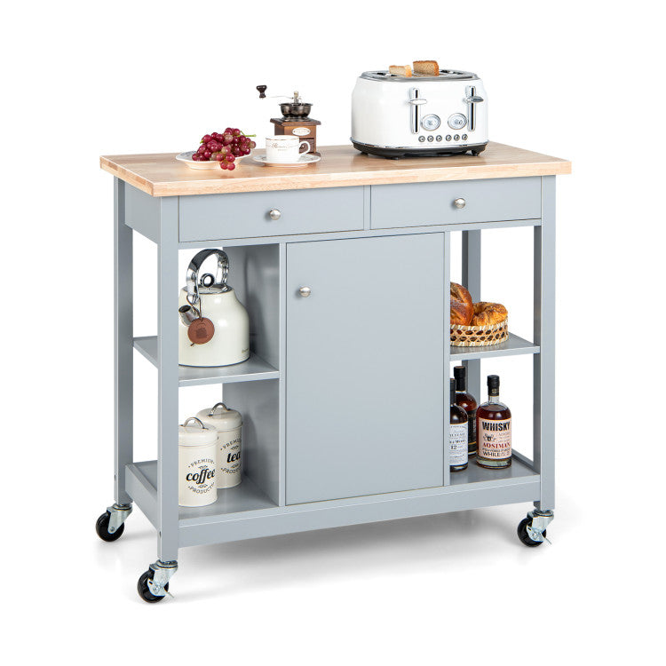 Mobile Kitchen Island Cart 4 Open Shelves and 2 Drawers with Wheels