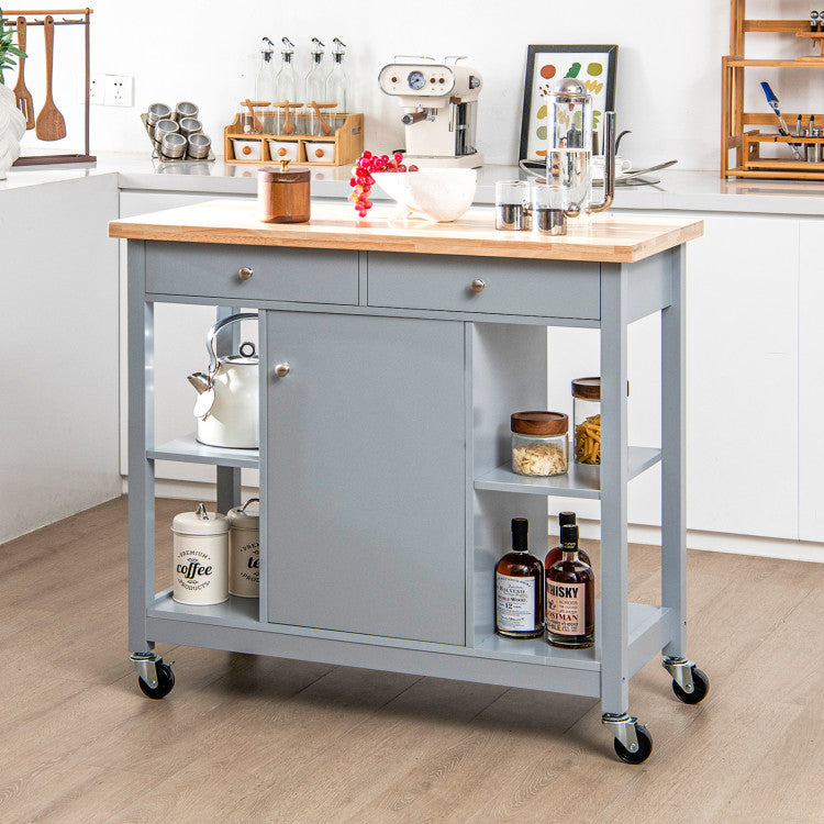 Mobile Kitchen Island Cart 4 Open Shelves and 2 Drawers with Wheels