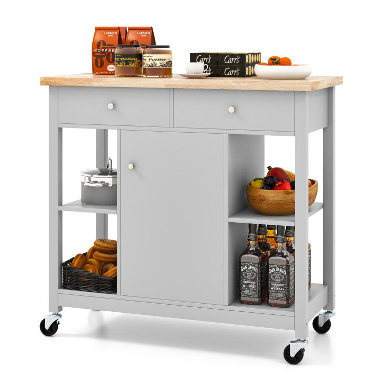 Mobile Kitchen Island Cart 4 Open Shelves and 2 Drawers with Wheels