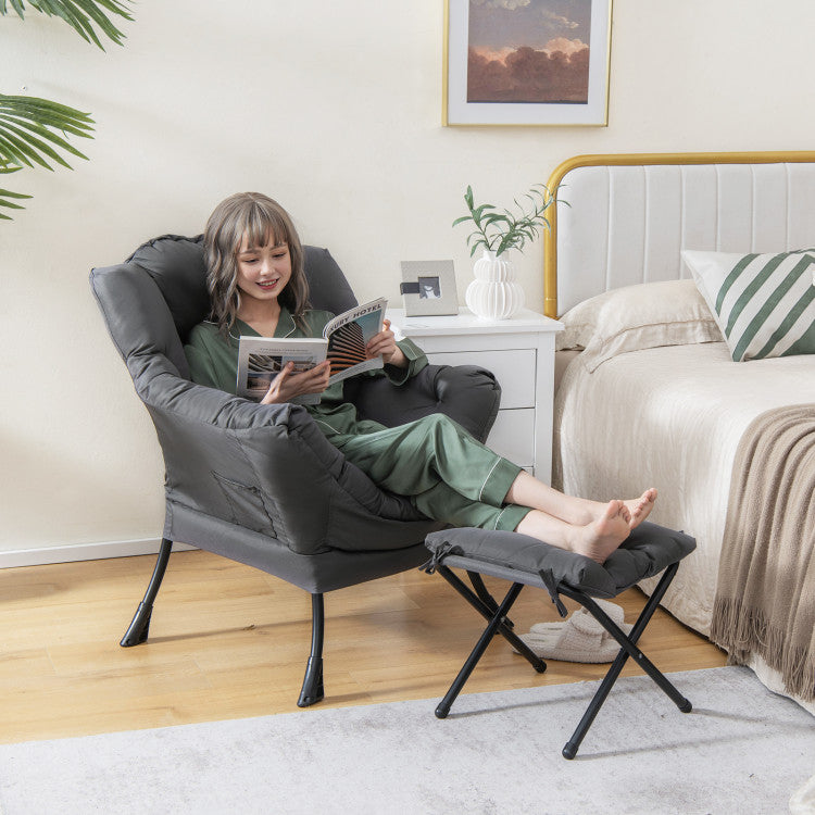 Modern Accent Lounge Sofa Chair with Folding Footrest and Side Pocket