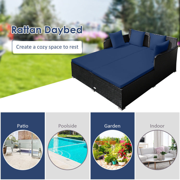 Outdoor Patio Rattan Daybed Thick Pillows Cushioned Sofa Furniture