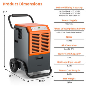 163 Pints Portable Commercial Industrial Dehumidifier with Water Tank and Drainage Pipe, 4500 Sq.Ft Crawl Space Dehumidifier with Drain Hose, 24H Timer for Basement, Warehouse, Garage, Job Site