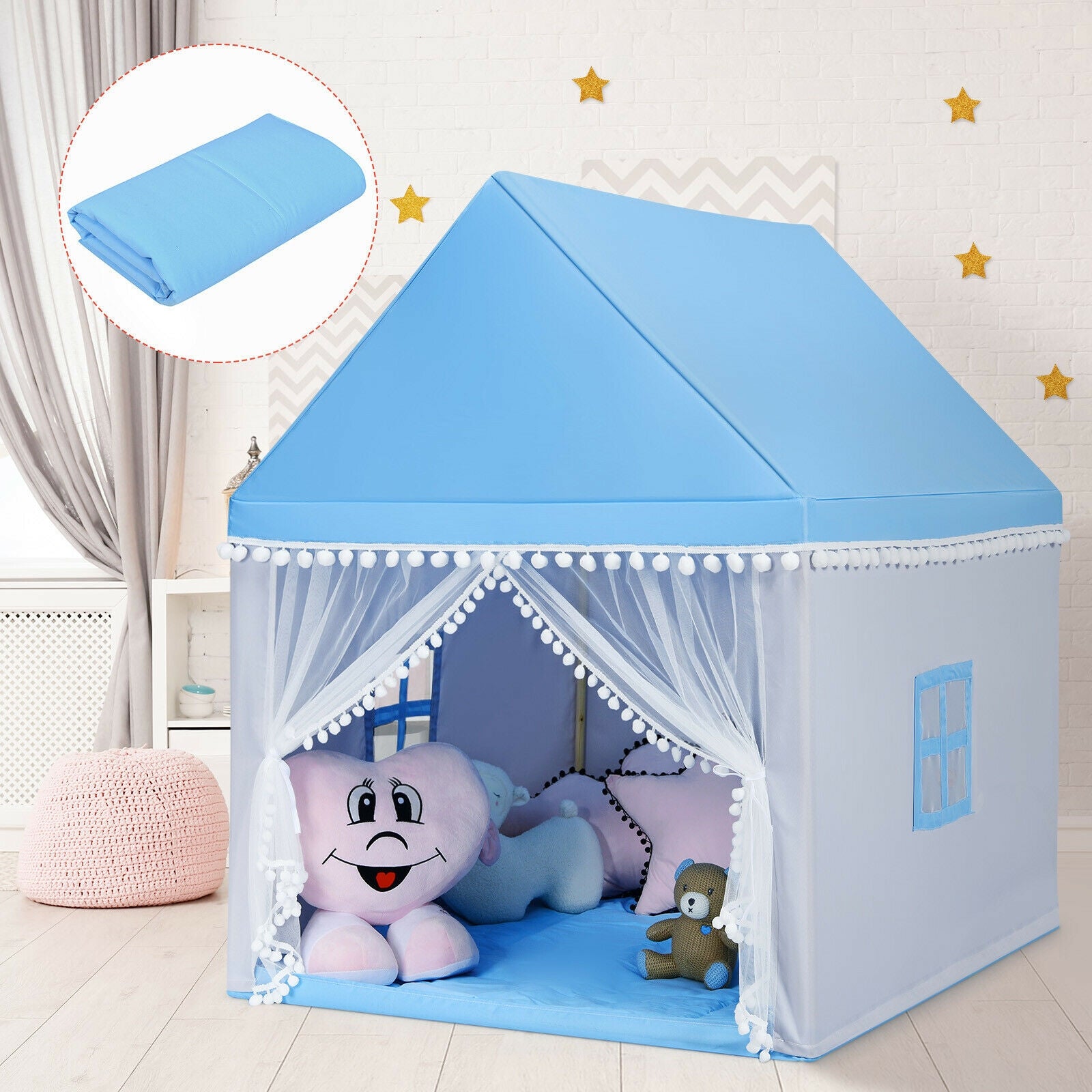 Portable Play Tent Large Playhouse Castle Fairy Tent Gift with Mat for Kids