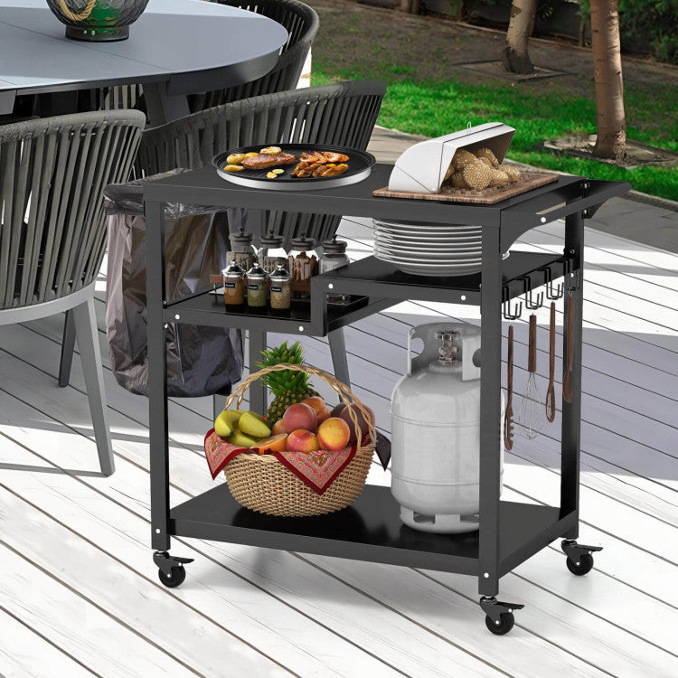 Rolling Grill Cart 3-Shelf BBQ Cart with Hooks and Lockable Wheels