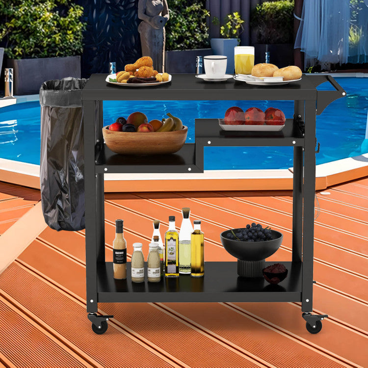 Rolling Grill Cart 3-Shelf BBQ Cart with Hooks and Lockable Wheels