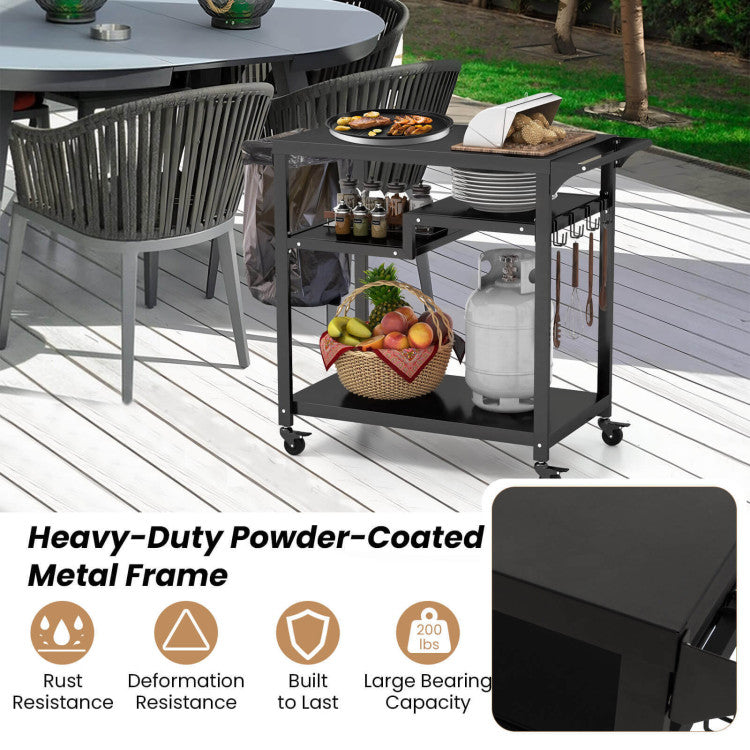 Rolling Grill Cart 3-Shelf BBQ Cart with Hooks and Lockable Wheels