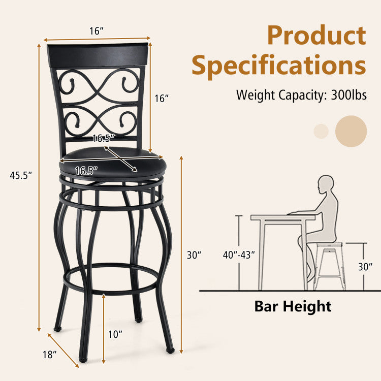 Set of 2 30 Inch 360° Swivel Bar Stools with Backrest and Footrest