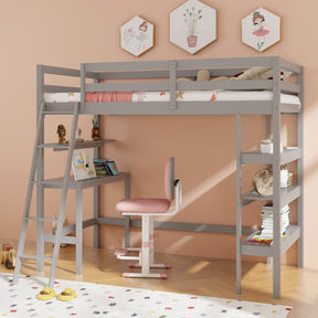 Twin Size Loft Bed with Desk and Bookshelves for Kids and Toddlers