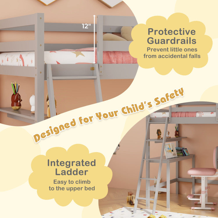 Twin Size Loft Bed with Desk and Bookshelves for Kids and Toddlers