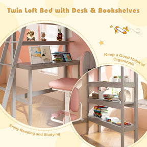 Twin Size Loft Bed with Desk and Bookshelves for Kids and Toddlers