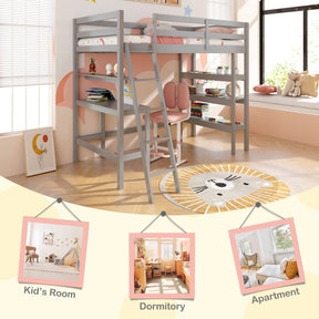 Twin Size Loft Bed with Desk and Bookshelves for Kids and Toddlers