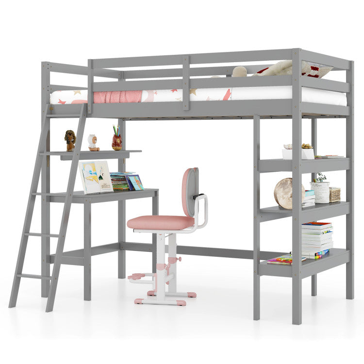 Twin Size Loft Bed with Desk and Bookshelves for Kids and Toddlers