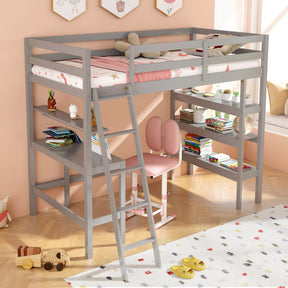 Twin Size Loft Bed with Desk and Bookshelves for Kids and Toddlers