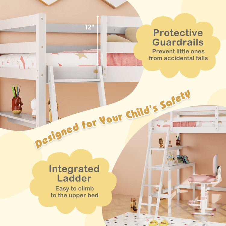 Twin Size Loft Bed with Desk and Bookshelves for Kids and Toddlers