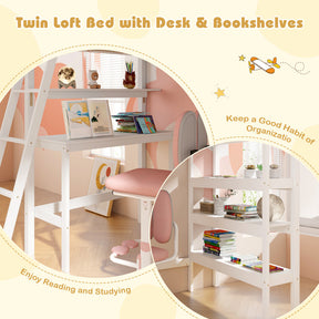 Twin Size Loft Bed with Desk and Bookshelves for Kids and Toddlers