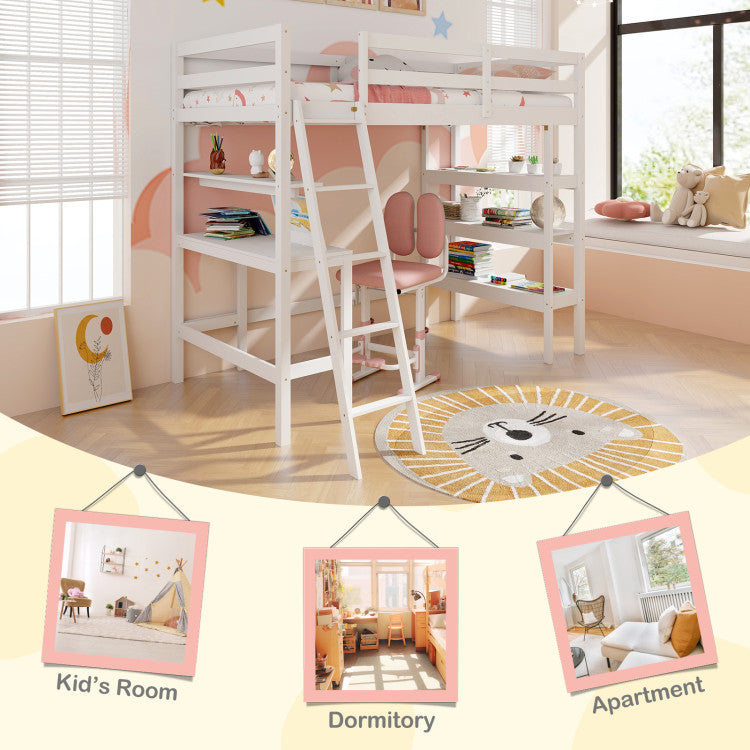 Twin Size Loft Bed with Desk and Bookshelves for Kids and Toddlers