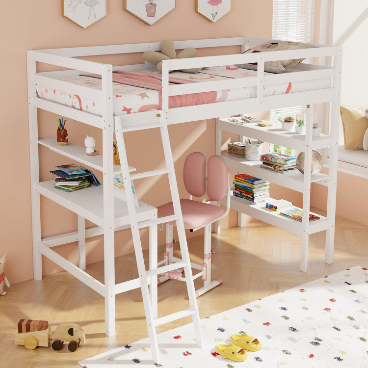 Twin Size Loft Bed with Desk and Bookshelves for Kids and Toddlers