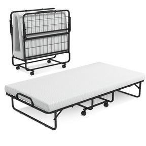 Twin Size Metal Folding Bed with Memory Foam Mattress and 4 Wheels