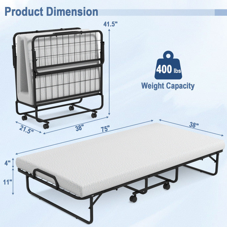 Twin Size Metal Folding Bed with Memory Foam Mattress and 4 Wheels