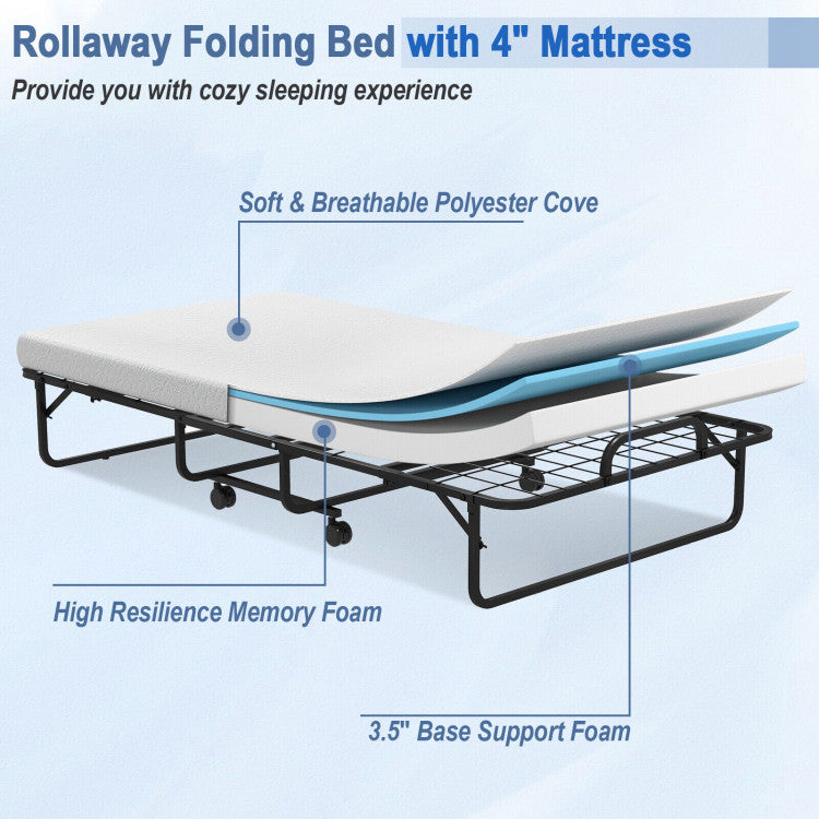 Twin Size Metal Folding Bed with Memory Foam Mattress and 4 Wheels