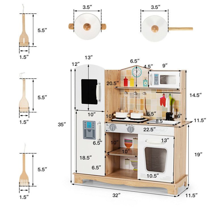 Wooden Kids Pretend Kitchen Playset Cooking Play Toy with Utensils and Storage Space