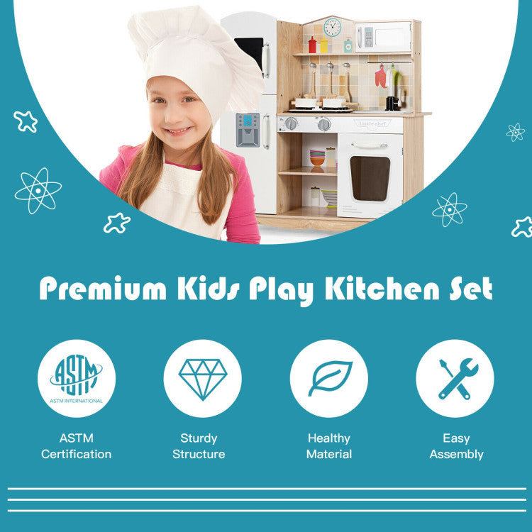 Wooden Kids Pretend Kitchen Playset Cooking Play Toy with Utensils and Storage Space