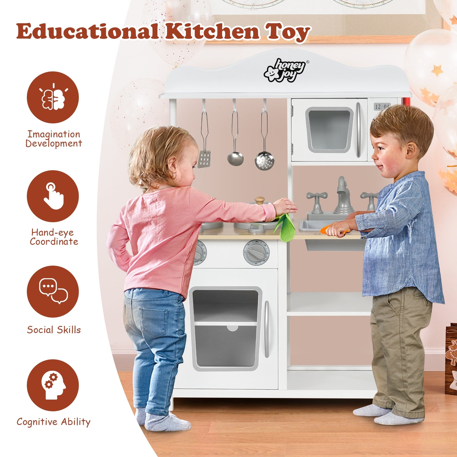 Wooden Pretend Kitchen Toy Role Play for Kids with Accessories and Sink