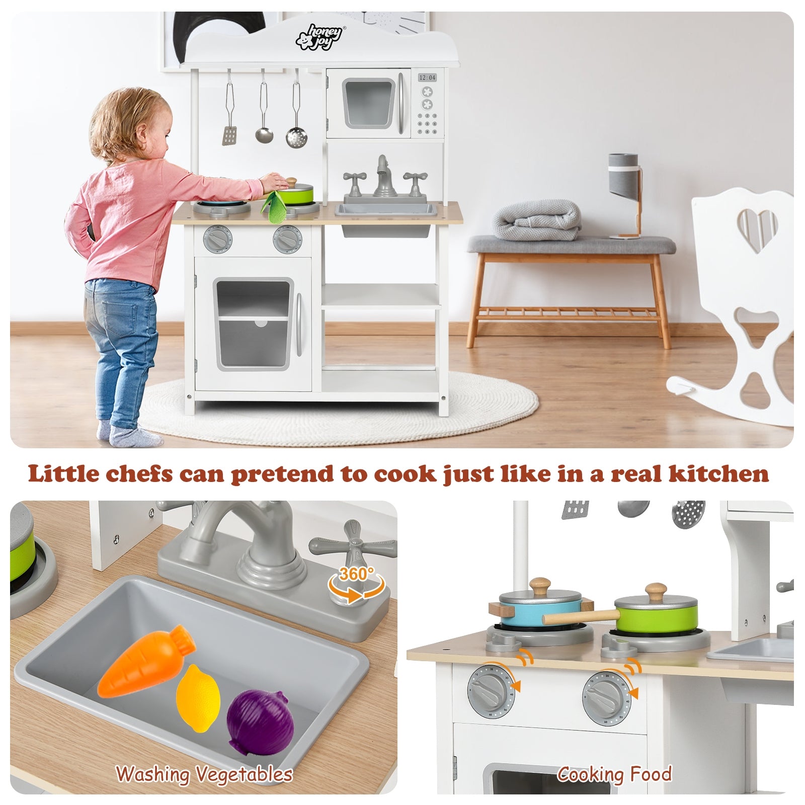 Wooden Pretend Kitchen Toy Role Play for Kids with Accessories and Sink